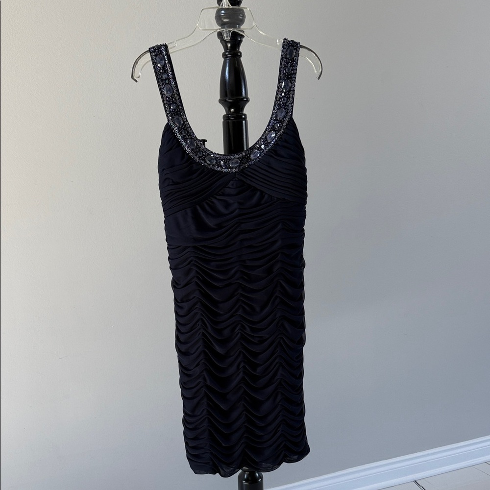 Cache Navy Ruched Midi Dress with Beaded Neckline